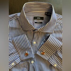 Hugo Boss - Cotton blue/white striped dress shirt w/french cuffs Size 15.5”neck